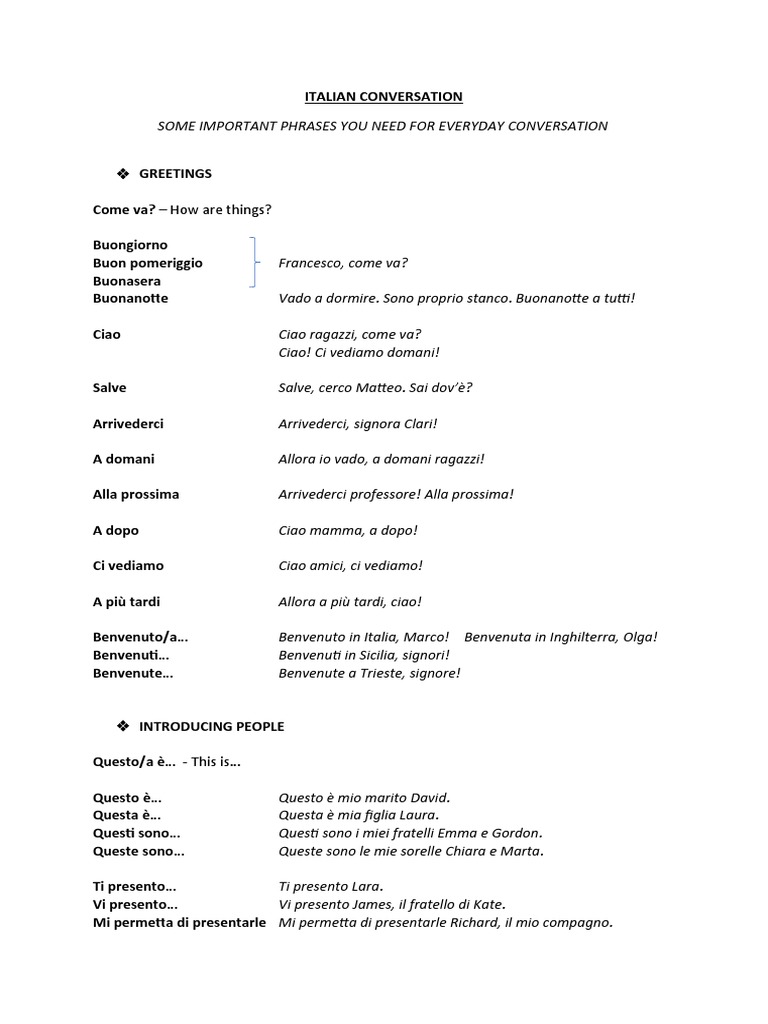 Italian Conversation Phrases For Everyday Conversation | PDF