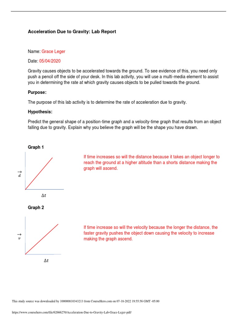 Acceleration Due To Gravity Lab Grace Leger PDF PDF Acceleration
