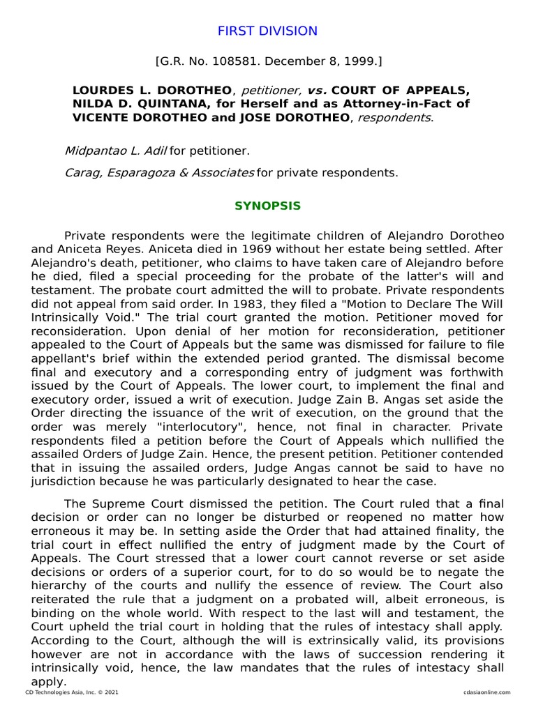 Dorothea vs c a 320 scra 12 pdf will and testament intestacy