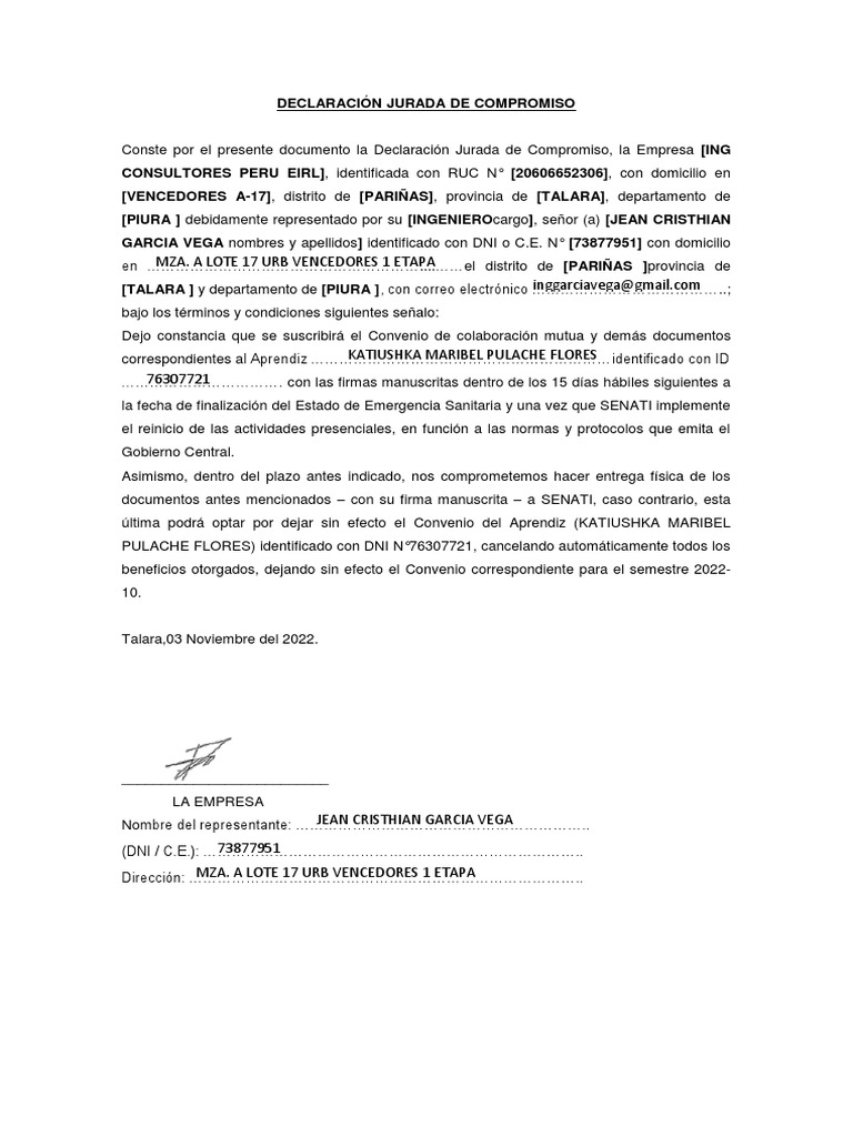 Declaración Jurada de Compromiso Empresarial | PDF | Finanzas y dinero