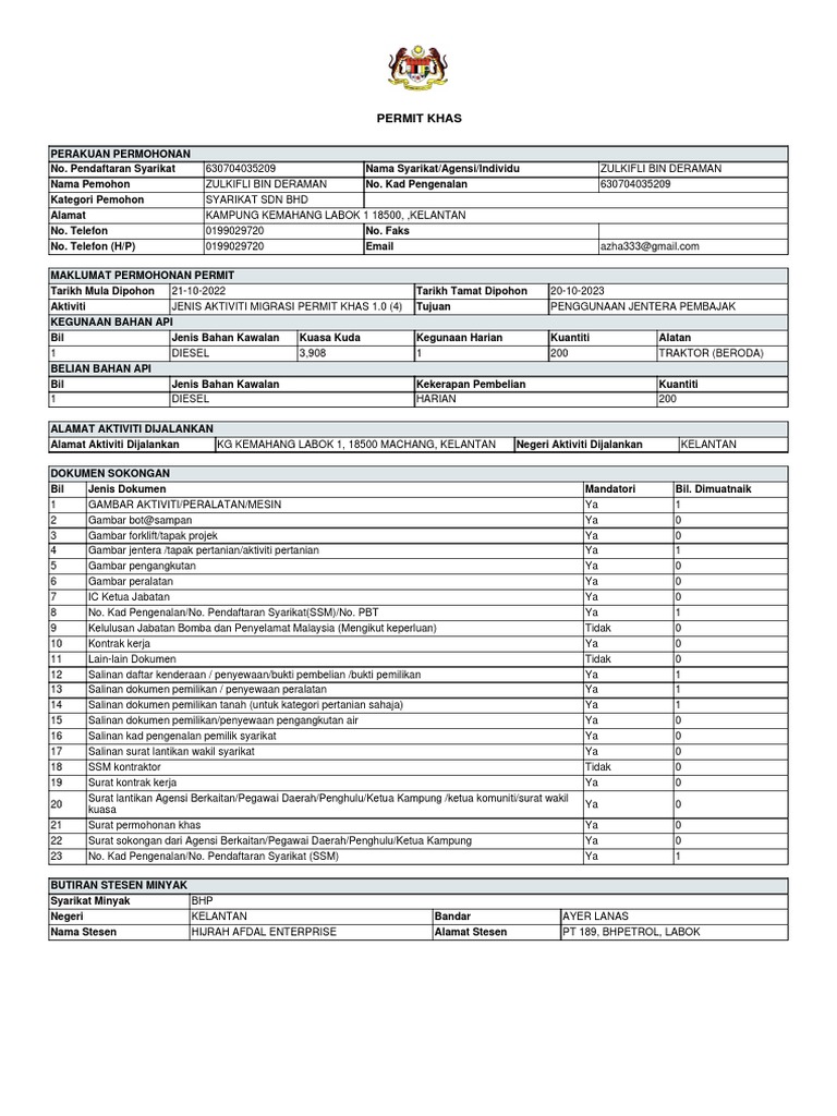 Permohonan Permit Khas Diesel BHP | PDF