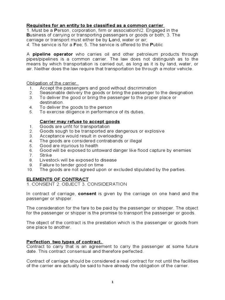 Requisites For An Entity To Be Classified As A Common Carrier | PDF ...