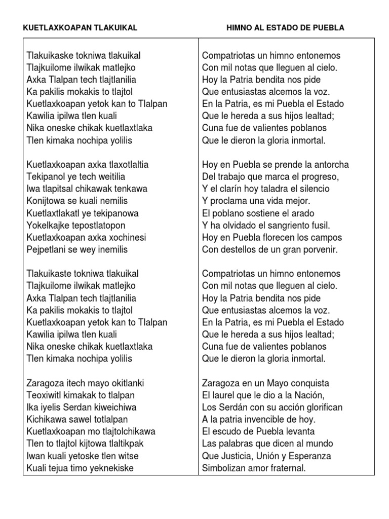 HIMNO AL ESTADO DE PUEBLA (Versión Náhuatl) PDF