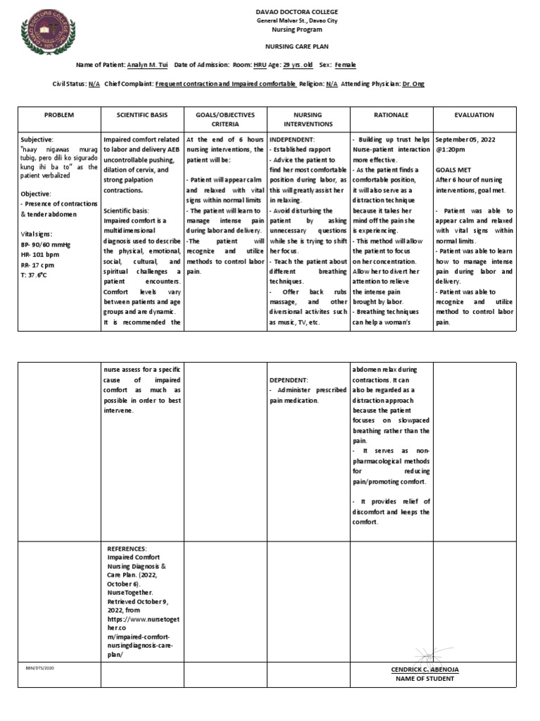 Nursing Care Plan for Labor Pain Management | PDF | Pain | Nursing