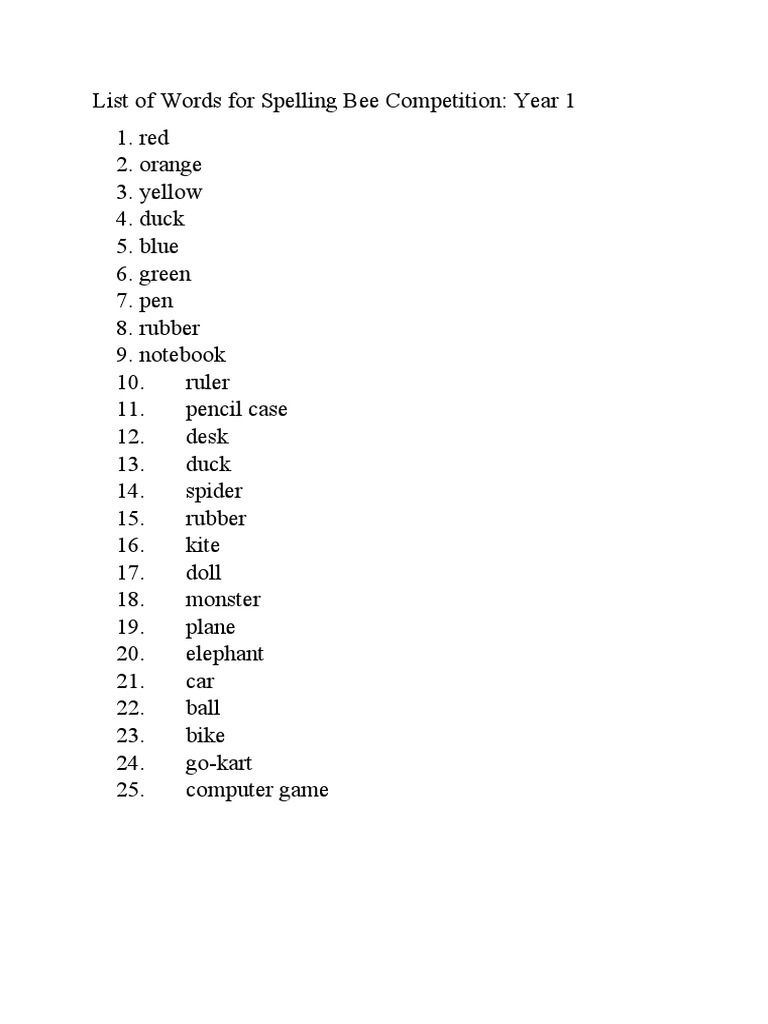 List of Words For Spelling Bee Competition PDF