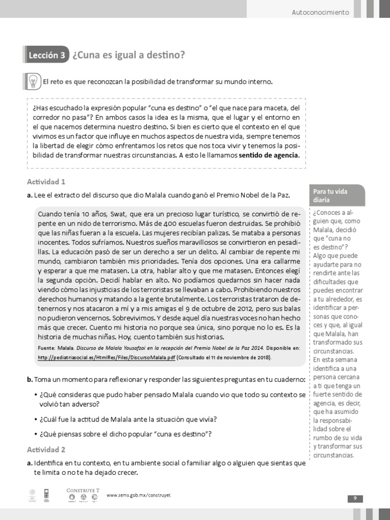 Leccion 3 cuna es igual a destino pdf cerebro malala yousafzai