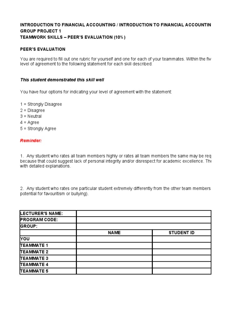 Teamwork Skills Peer Evaluation Rubric | PDF | Accounting | Goal