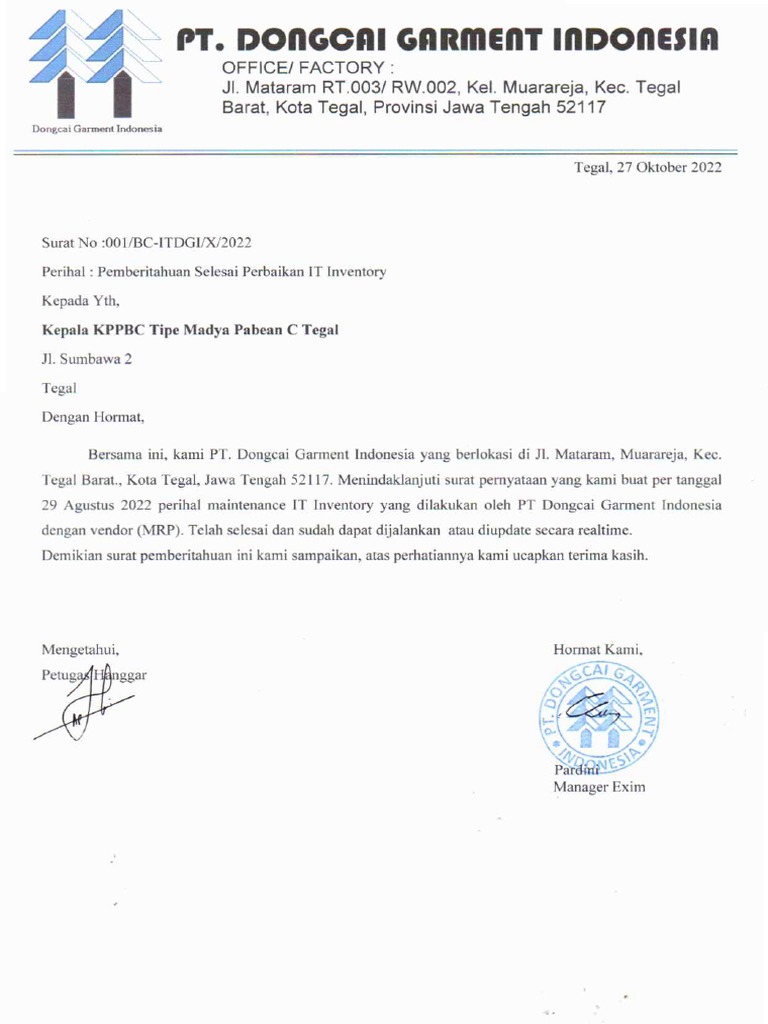 Surat Pemberitahuan Selesai Perbaikan It Inventory | PDF