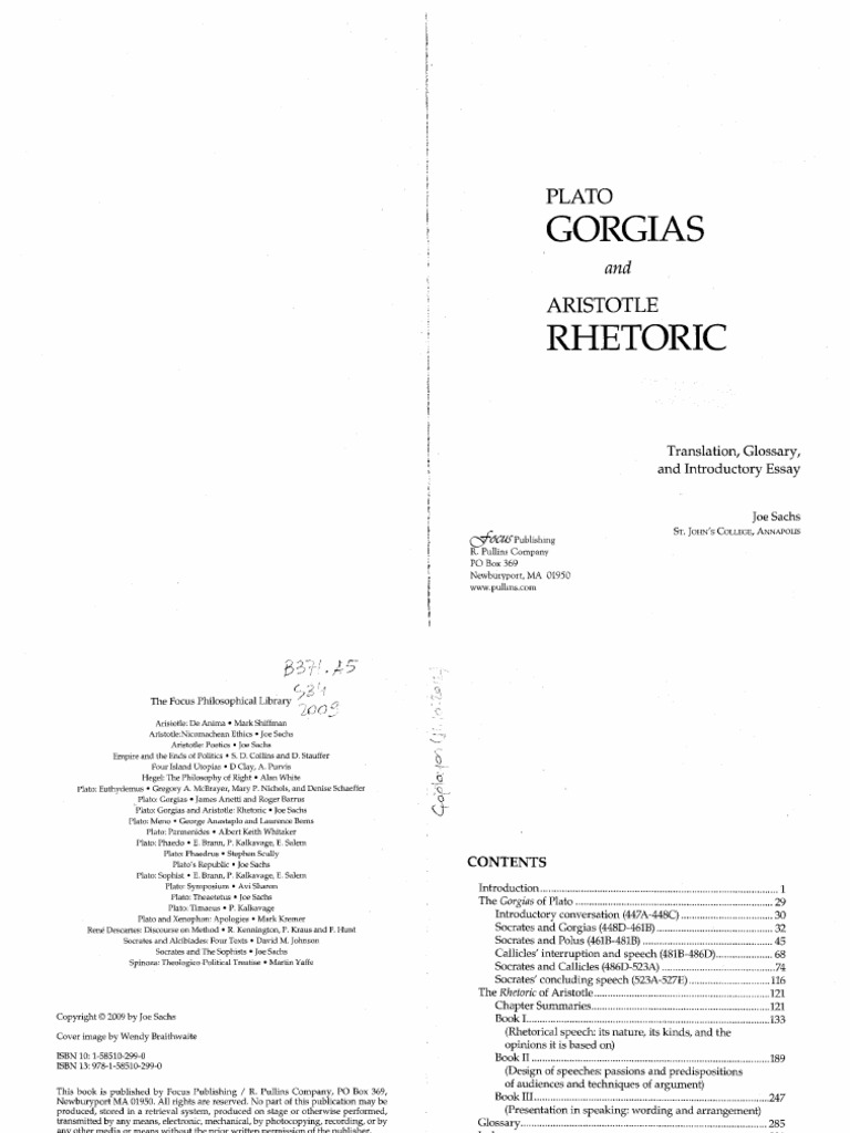 Aristotle - Plato - Joe Sachs - Plato - Gorgias and Aristotle - Rhetoric-Focus Publishing - R ...