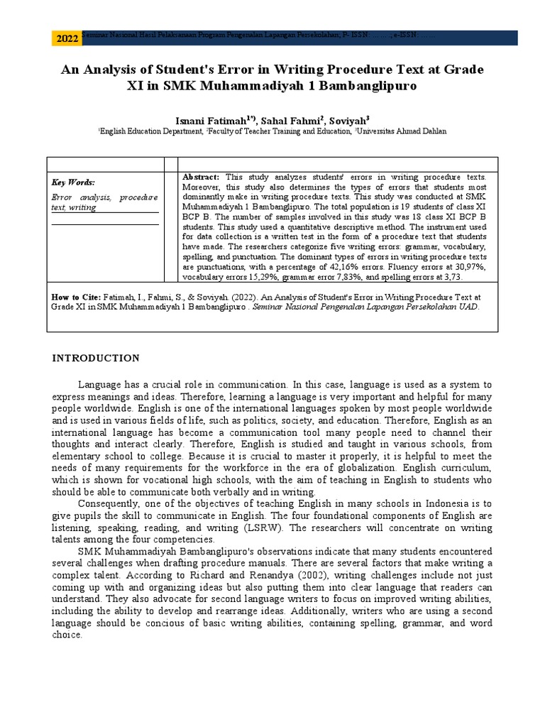 An Analysis of Student's Error in Writing Procedure Text at Grade XI in ...