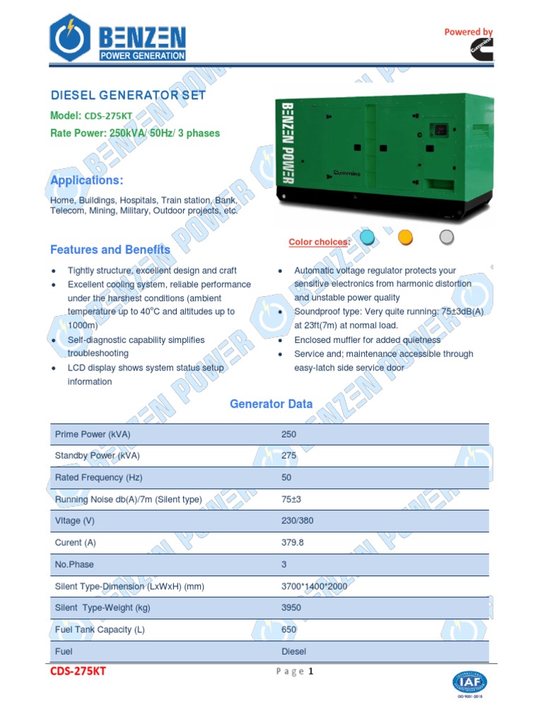 Catalogue Cummins 250kVA CDS 275KT PDF Electric Generator Diesel