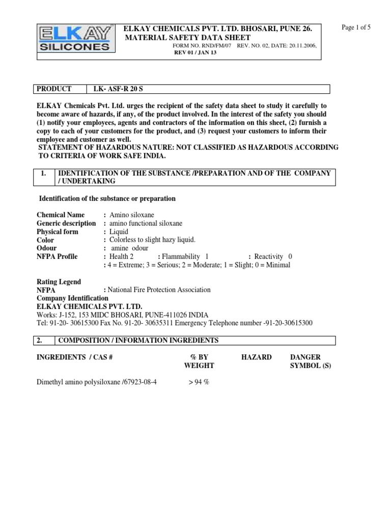 Amino Silicon LK-ASF-R-20 S - MSDS | PDF | Chemistry | Occupational ...
