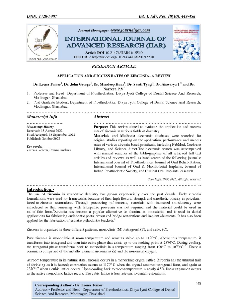 Application and Success Rates of Zirconia A Review PDF Dental