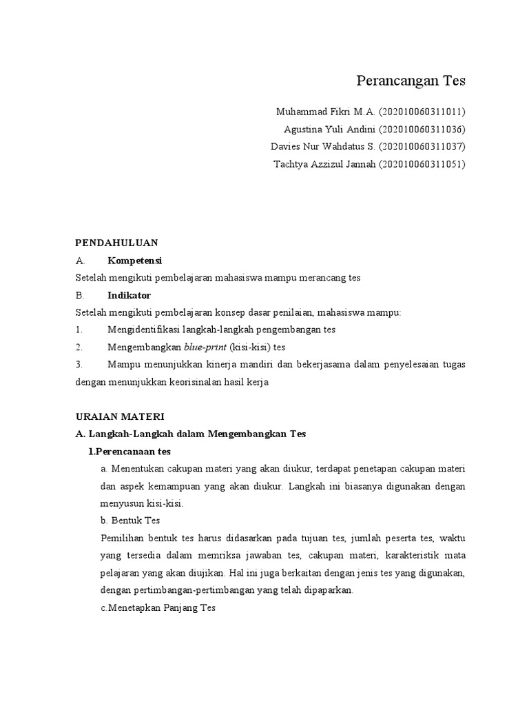 Langkah Rancang Tes dan Kisi-Kisi | PDF | Karier & Perkembangan | Seni