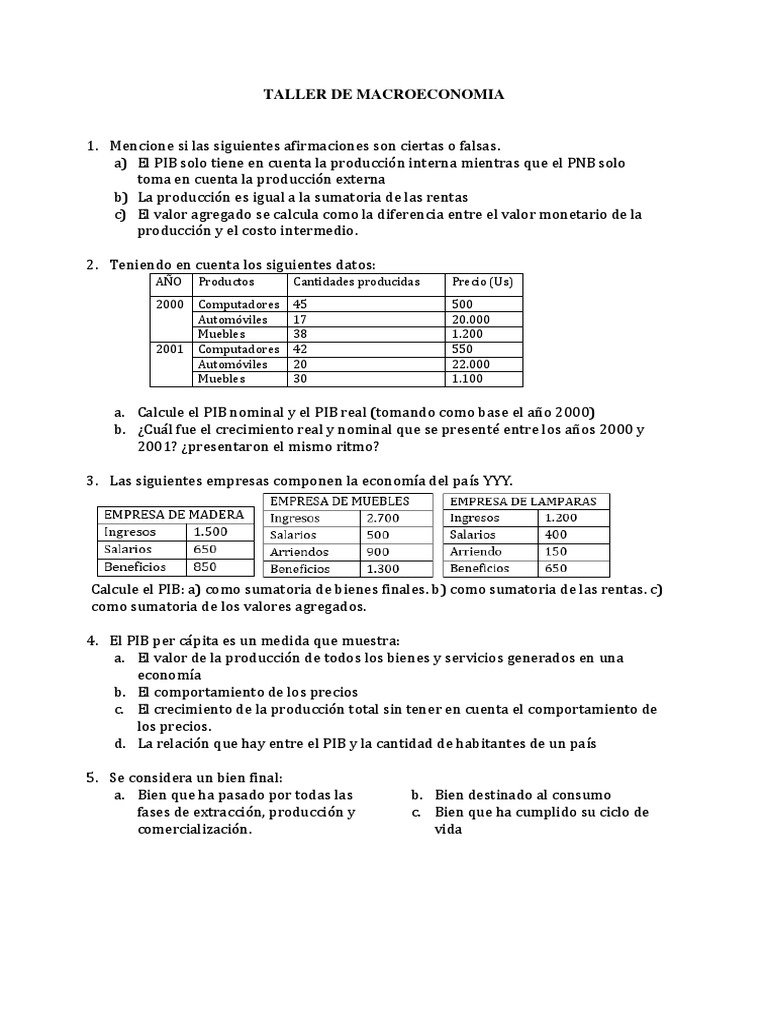 Taller de Macroeconomía: PIB y Conceptos Clave | PDF | Producto Interno ...