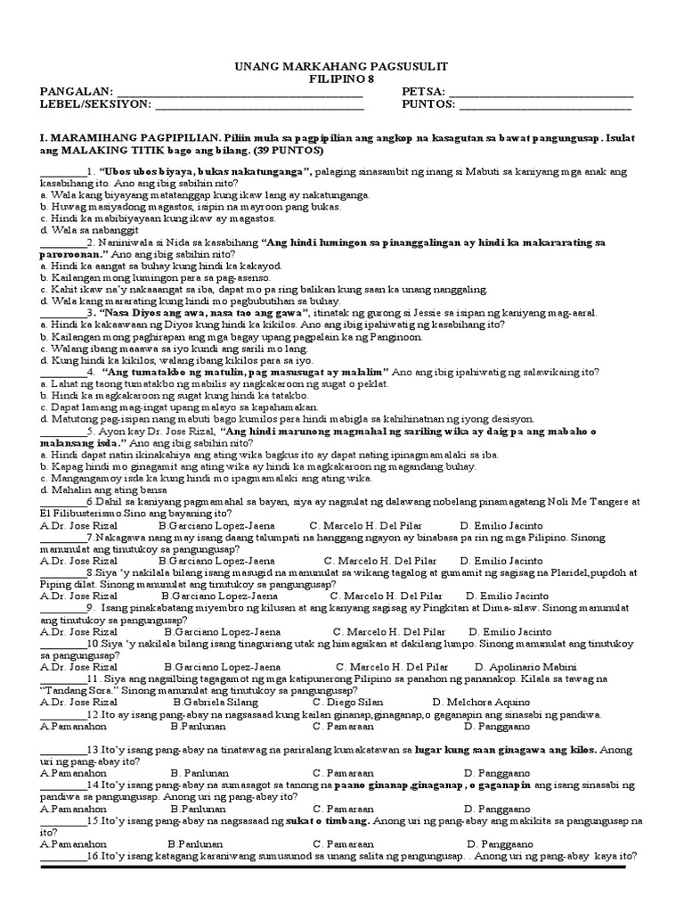 1Q Exam FIL 8 22 23 With KEY ANSWER 2 | PDF