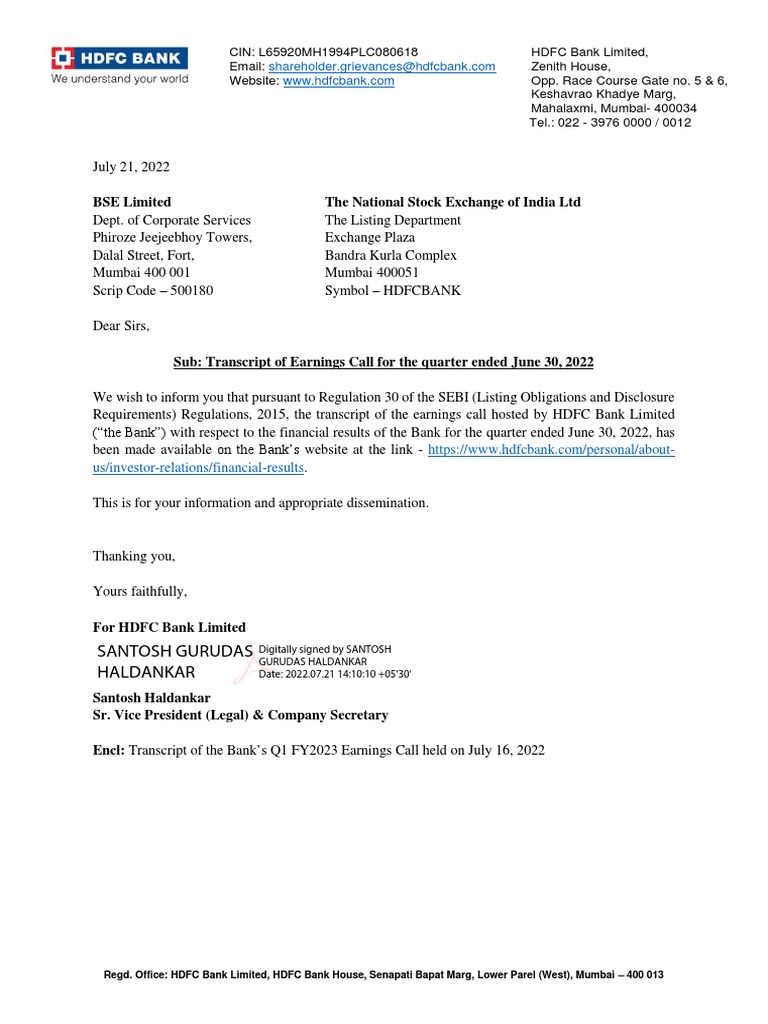 HDFC Bank Q1 FY2023 Earnings Call Transcript | PDF | Reserve Bank Of ...