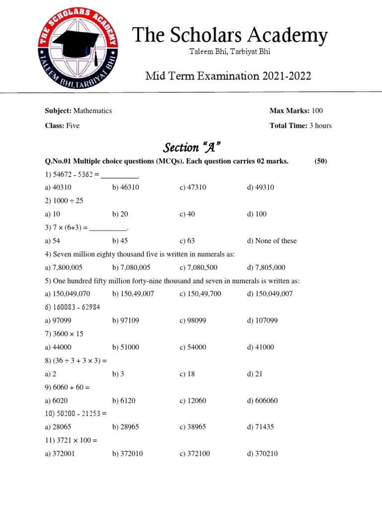 Math Class 5 Paper PDF Mathematics Science