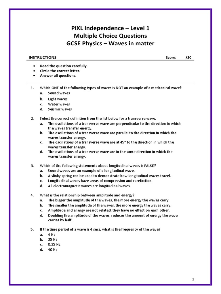 GCSE Physics Multiple Choice Questions on Waves in Matter | PDF | Waves ...