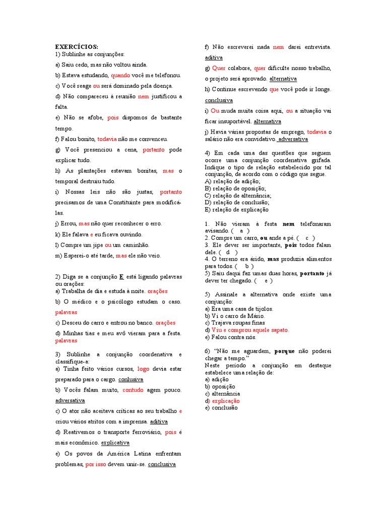 Exercícios sobre Conjunções Coordenativas | PDF