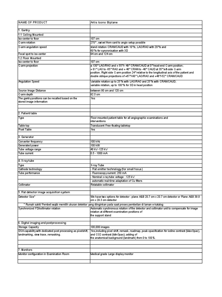 Spesifikasi Artis Icono Biplane | PDF | Angiography | Imaging