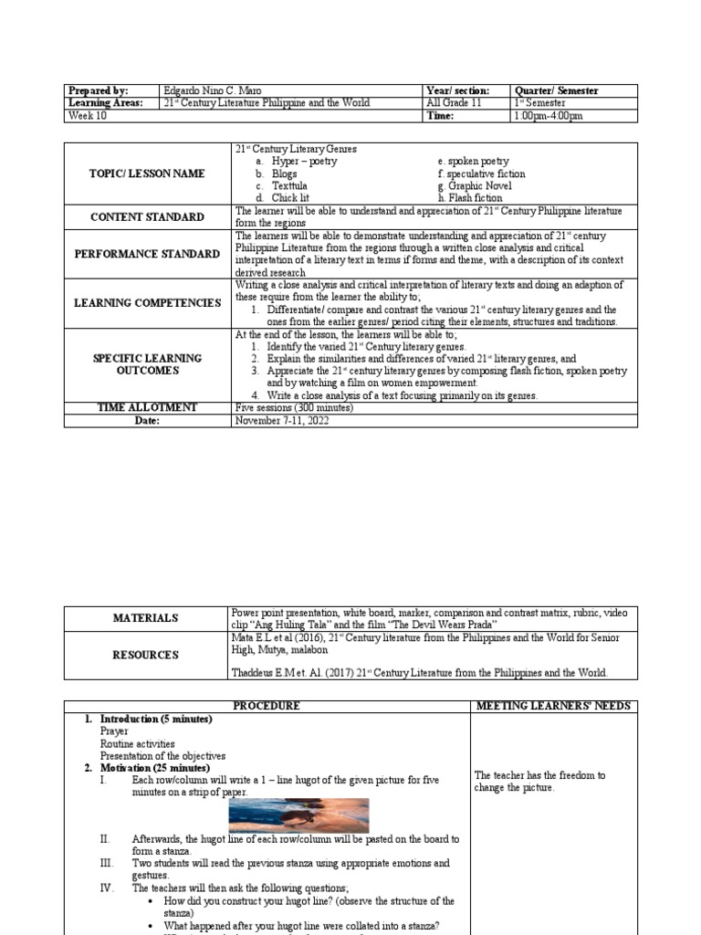 Lesson Plan in 21st Century Literature P | PDF | Poetry | Learning