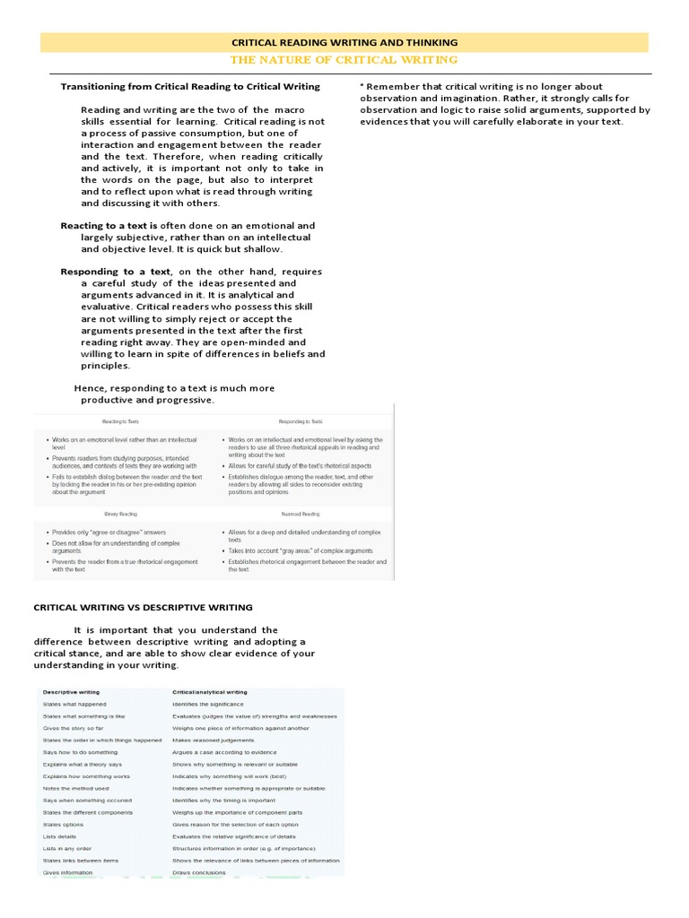 Critical vs Descriptive Writing Guide | PDF | Argument | Evidence