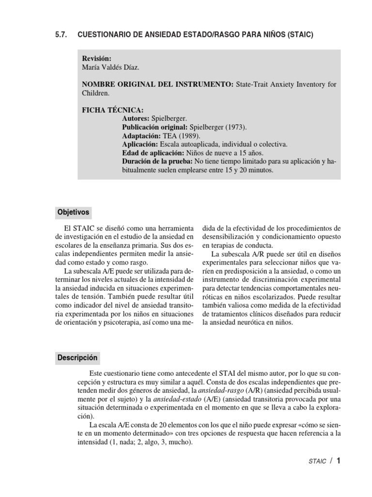 Cuestionario STAIC para Niños | PDF | Ansiedad | Validez (Estadísticas)