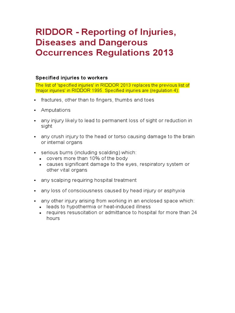 RIDDOR Specified Injuries To Workers PDF