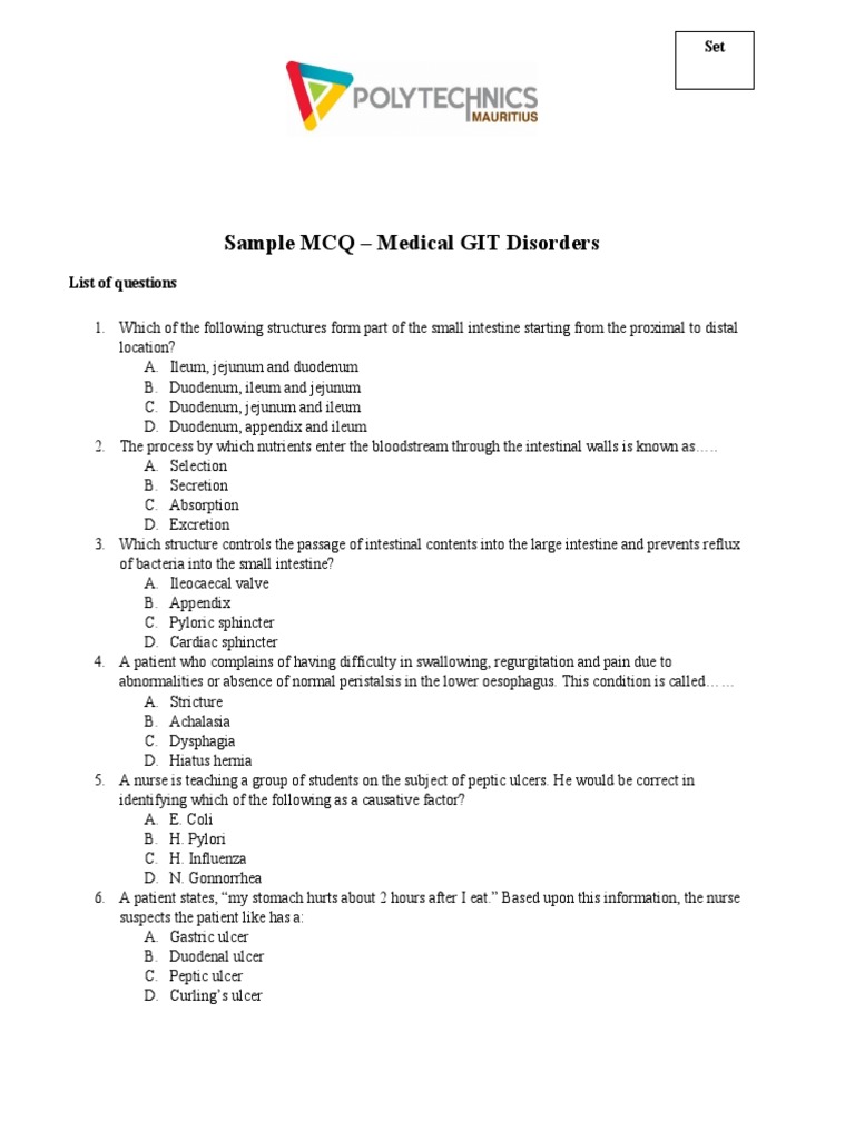 Sample MCQ Medical GIT Disorders PDF Gastrointestinal Tract