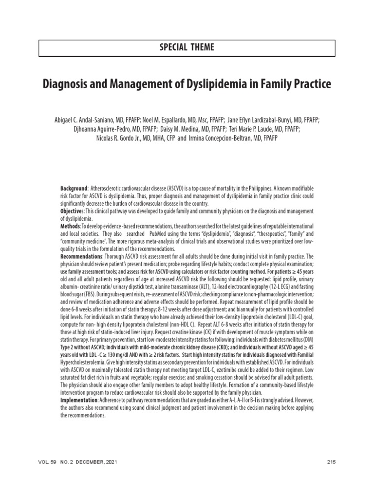 Diagnosis and Management of Dyslipidemia in Family Practice | PDF ...