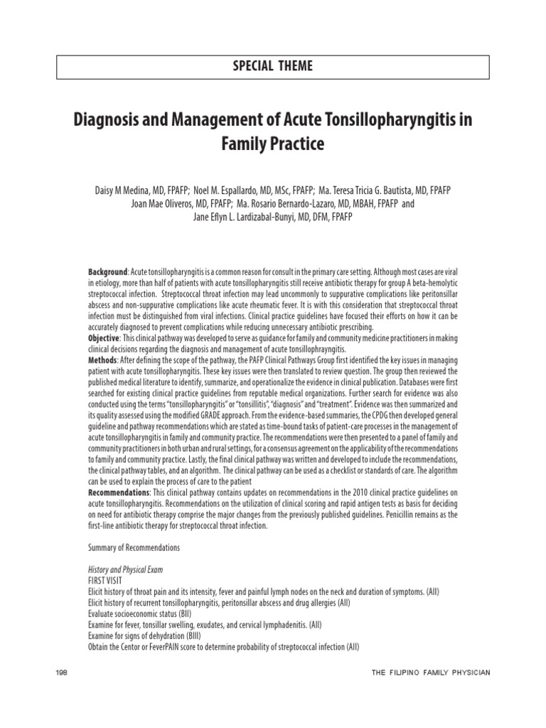 Diagnosis and Management of Acute Tonsillopharyngitis in Family ...