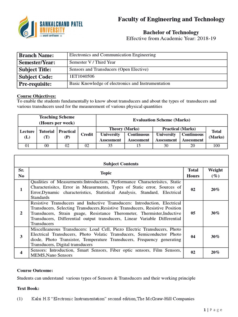 Sensors & Transducers Course Syllabus | PDF | Sensor | Electronics