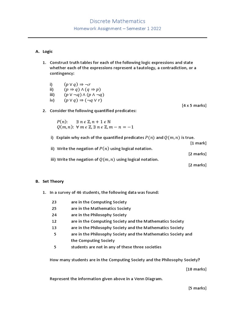 Discrete Math Homework: Logic, Sets, Functions | PDF | Logic ...