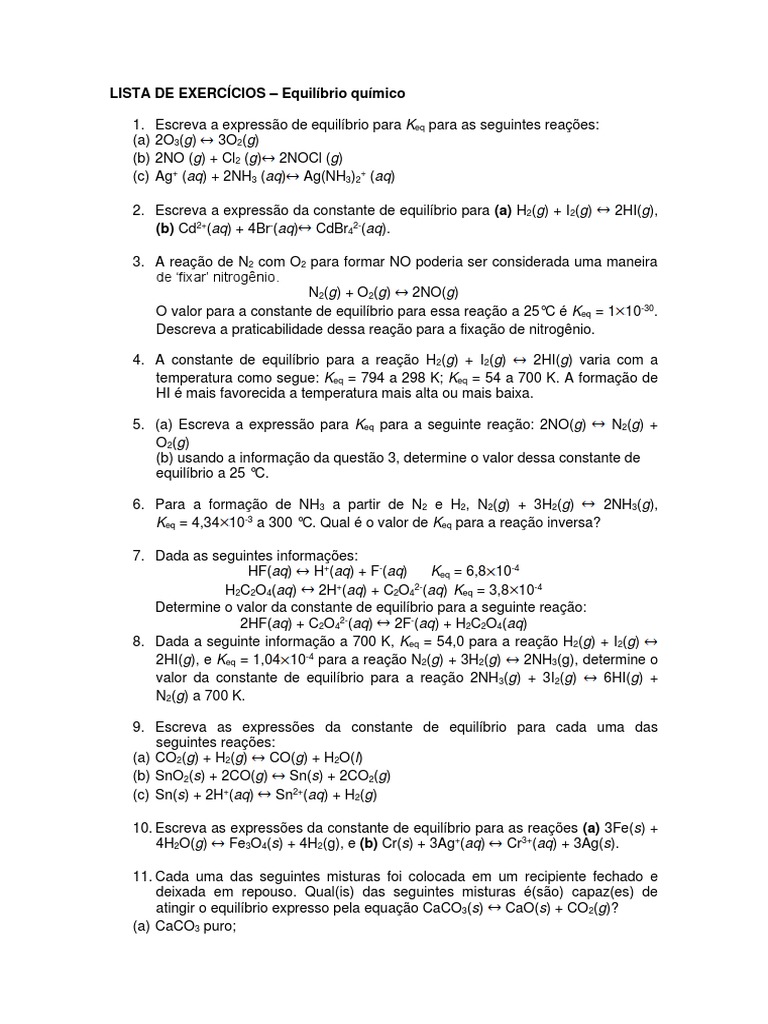 Lista de Exercícios - Equilíbrio Químico para N2 | PDF | Equilíbrio ...