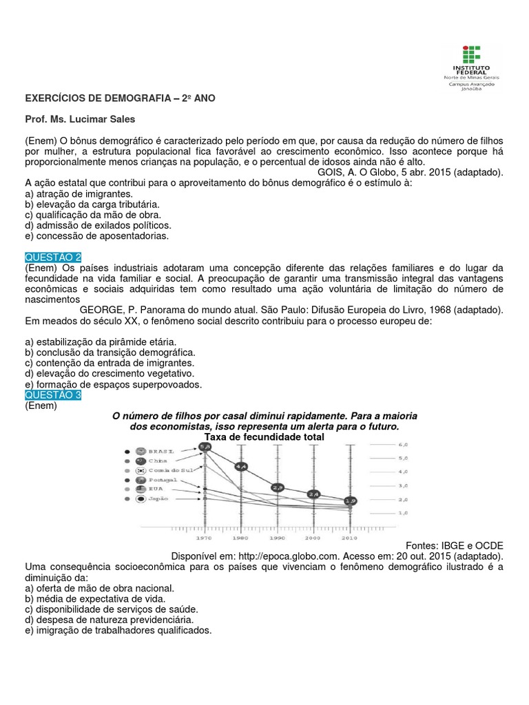 Exercícios DEMOGRAFIA Ifnmg | PDF | Crescimento populacional ...