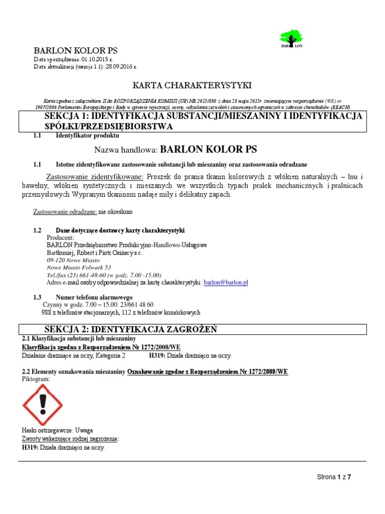 Barlon PS 20kg Karta Charakterystyki PDF