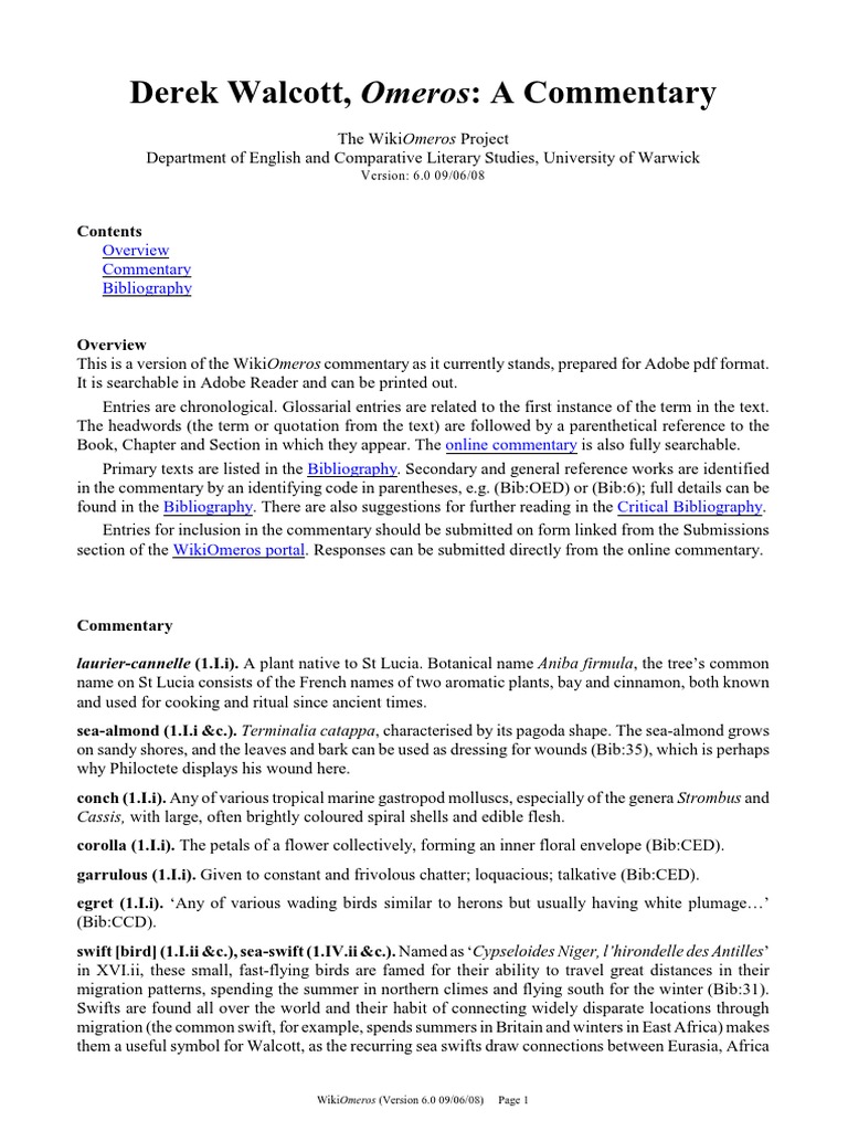 Derek Walcott, Omeros A Commentary PDF Iliad Achilles