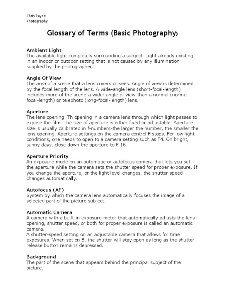 Photography Glossary of Terms PDF Camera Lens Camera