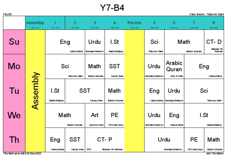 I.St Eng Urdu Sci CT-D Math Sci SST Math Eng Arabic Quran Urdu I.St SST ...