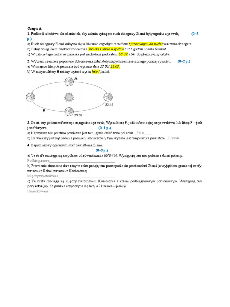Ruch Obiegowy Ziemi I Jego Następstwa Ruch obiegowy Ziemi - kartkówka | PDF