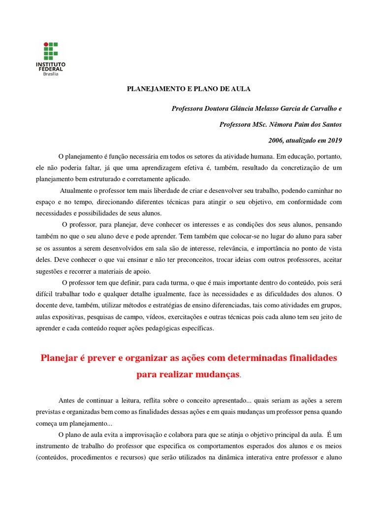 Planejamento e Plano de Aula | PDF | Lição | Aprendizado
