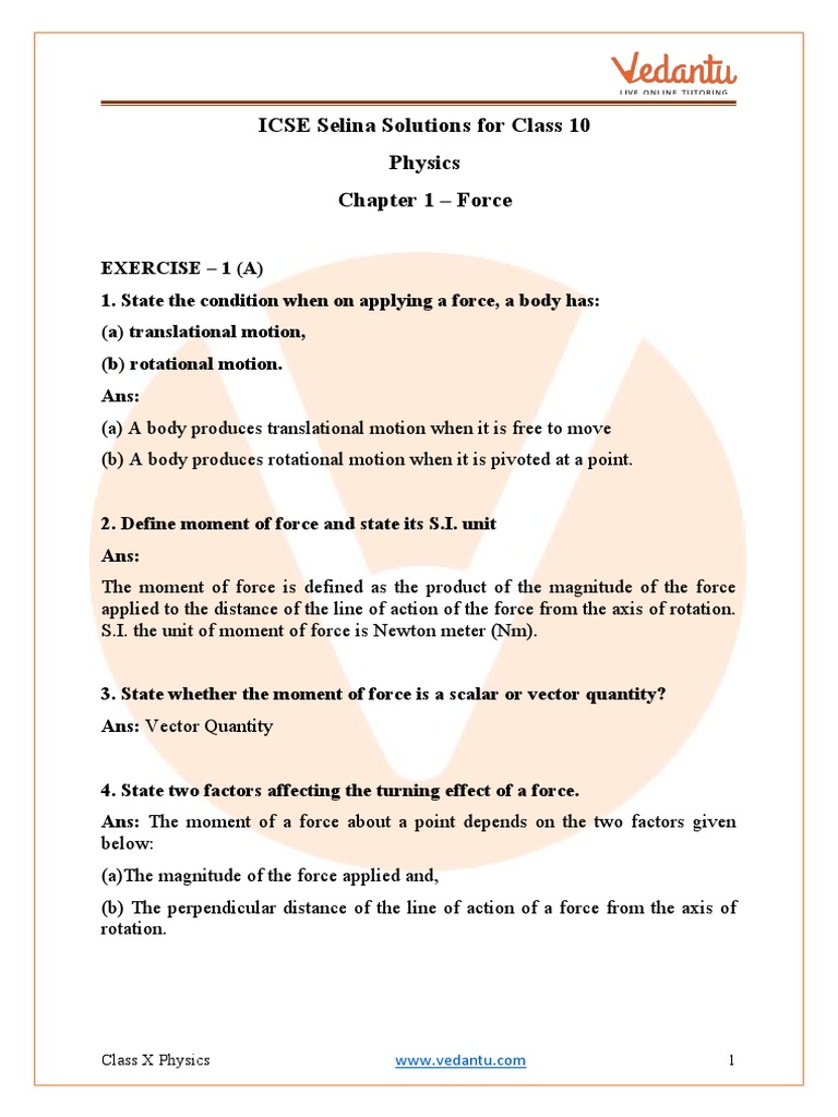 ICSE Class 10 Physics: Force Solutions | PDF | Acceleration | Force