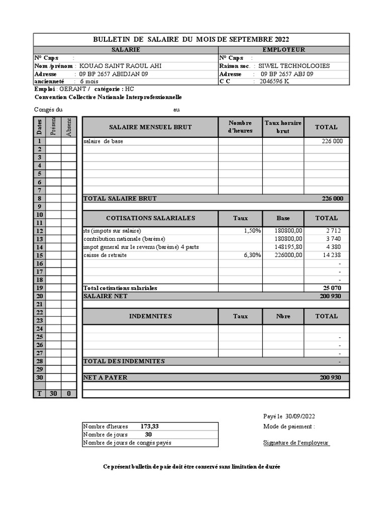 Fiche de Paie Siwel Septembre 22 | Download Free PDF | Bulletin de salaire (droit français