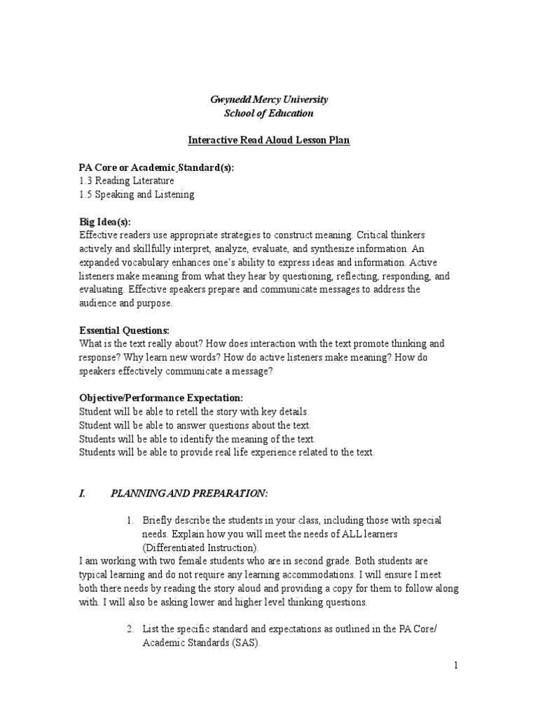 Interactive Read Aloud Lesson Plan PDF Reading Comprehension