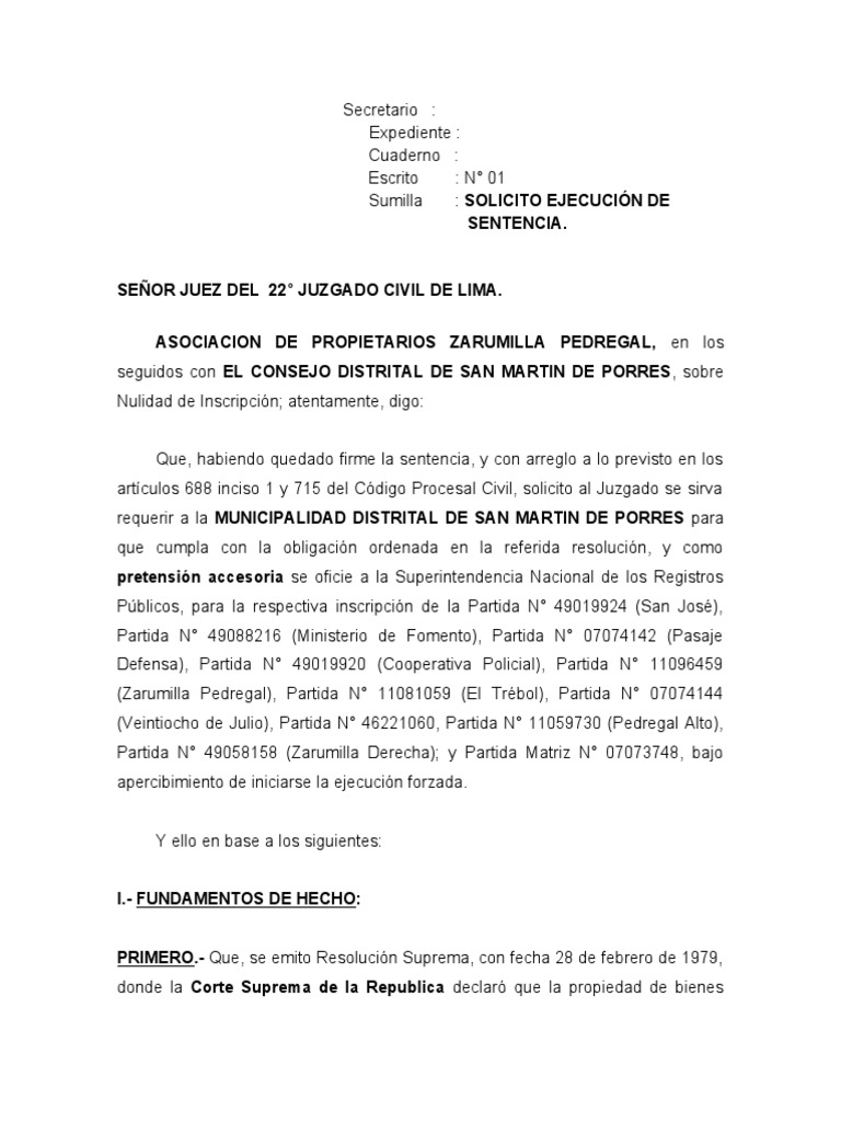 Solicitud de Ejecución de Sentencia Civil | PDF | Demanda judicial ...