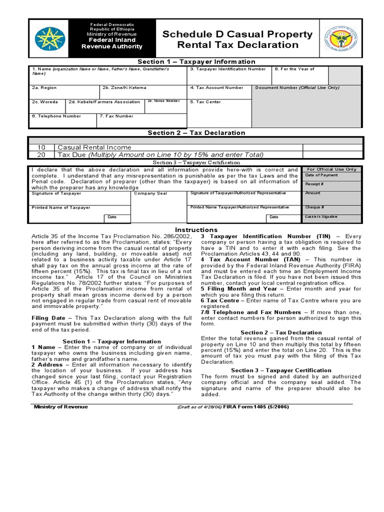Federal Democratic Republic of Ethiopia Casual Property Rental Tax