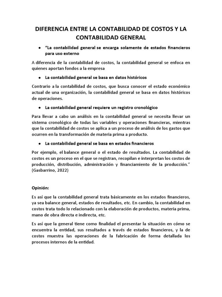 Diferencias entre contabilidad general y de costos | PDF