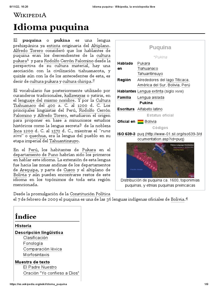 Idioma Puquina Wikipedia, La Enciclopedia Libre PDF Ciencia