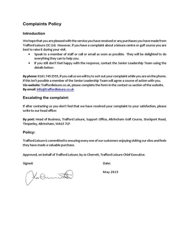 Trafford Leisure Complaints Policy | PDF | Career & Growth | Business